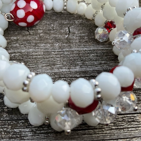 Hand Crafted White and Red Beaded Wrap Bracelet Memory Wire Clear Crystals - Picture 2 of 5